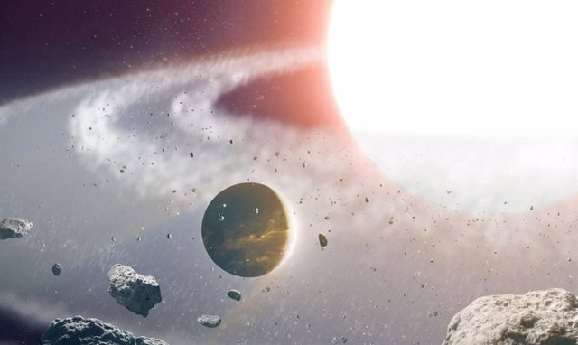Representación artística del planeta 8 Ursae Minoris b, también conocido como "Halla", en medio del campo de escombros después de una violenta fusión de dos estrellas.