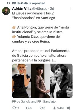 Comentario en X de Adrián Villa, concejal del PP de Santiago, en el que llama "fashionarias" a Ana Pontón y a Yolanda Díaz  para descalificarlas políticamente