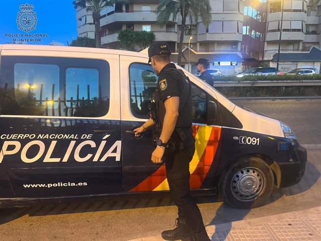 Agentes de la Policía Nacional, junto a un vehículo policial.