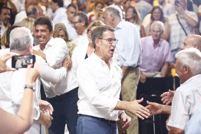 Archivo - El  presidente del Partido Popular, Alberto Núñez Feijóo (d), y el presidente del PPCV, Carlos Mazón (i), intervienen durante un acto en el Auditorio de la Diputación de Alicante