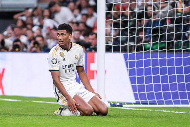 El centrocampista inglés Jude Bellingham, en el estreno del Real Madrid en la Champions 2023-2024 en el Santiago Bernabéu. 