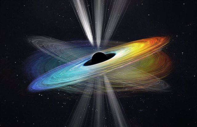 Se supone que el eje de giro del agujero negro se alinea verticalmente. La dirección del chorro es casi perpendicular al disco.