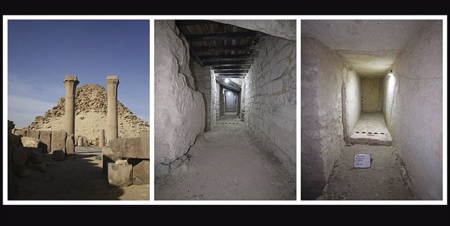 De izquierda a derecha: Vista exterior de la pirámide. Un pasaje asegurado con vigas de acero. Uno de los trasteros descubiertos.