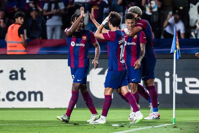 Joao Cancelo of Fc Barcelona celebrates a goal during the Spanish league, La Liga EA Sports, football match played between FC Barcelona and RC Celta at Estadi Olimpic Lluis Company on September 23, 2023 in Barcelona, Spain.