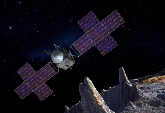 Ilustración conceptual del artista que representa la nave espacial de la misión Psyche de la NASA cerca del objetivo de la misión, el asteroide metálico Psyche.