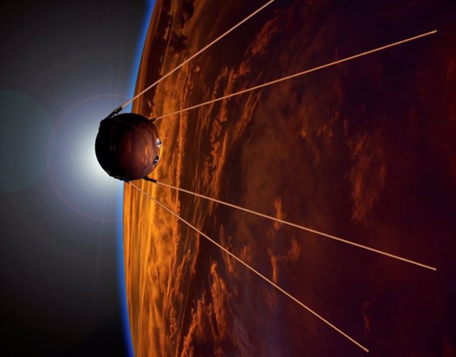 Imagen artística del Sputnik 1 en órbita sobre la Tierra.