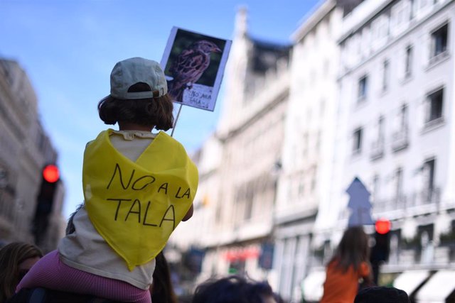 Una niña sujeta un cartel durante una manifestación contra la tala de árboles por la ampliación de la L11 de Metro, en la Puerta del Sol