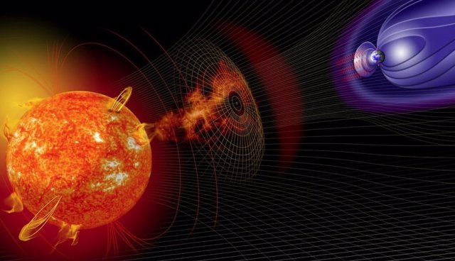 Impresión artística que representa la influencia de una erupción solar en la Tierra.