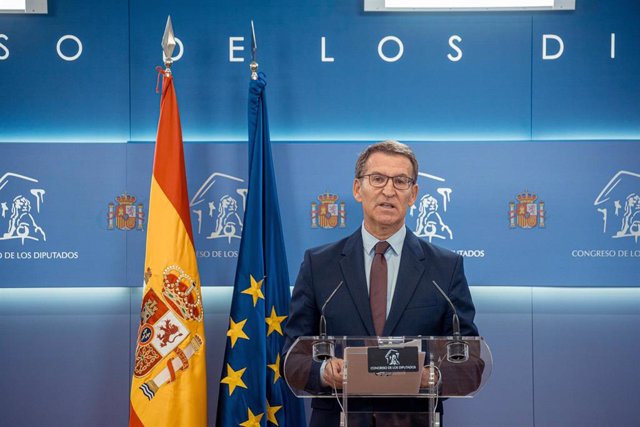 El líder del PP, Alberto Núñez Feijóo, en una rueda de prensa en el Congreso 