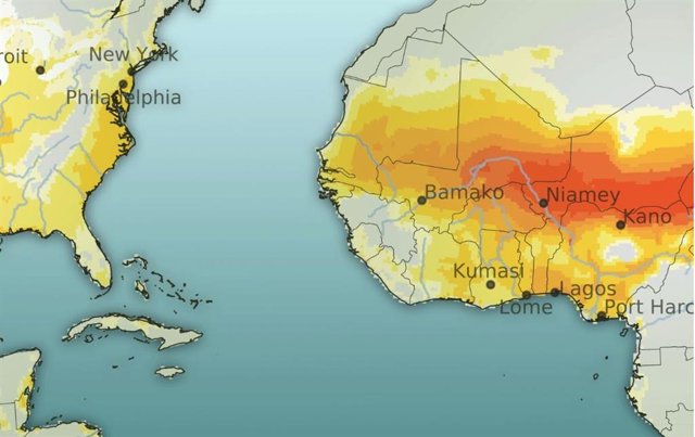 Este mapa compuesto muestra áreas terrestres que podrían enfrentar un calor extremo si el planeta continúa calentándose, indicadas en amarillo y naranja.