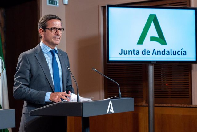 El consejero de Industria, Energía y Minas, Jorge Paradela, durante la rueda de prensa en el Palacio de San Telmo. A 10 de octubre de 2023, en Sevilla (Andalucía, España). Como cada martes, el Consejo de Gobierno de la Junta de Andalucía se reúne en Palac