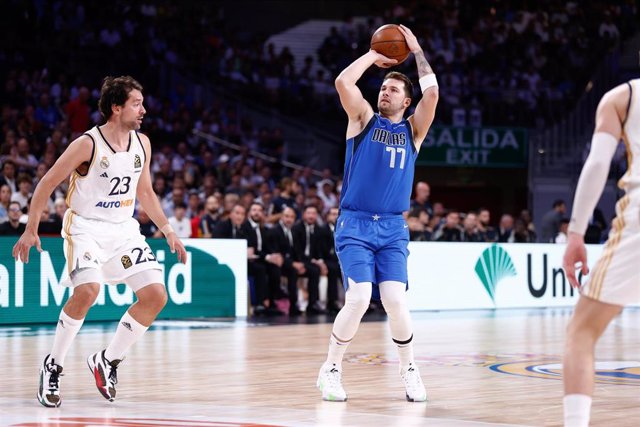 Luka Doncic of Dallas Mavericks in action during the basketball friendly match played between Real Madrid and Dallas Mavericks at Wizink Center pavilion on October 10, 2023, in Madrid, Spain.
