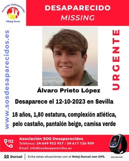 Imagen difundida por SOS Desaparecidos del joven cordobés Álvaro Prieto.