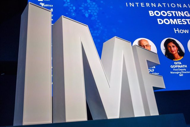 12 October 2023, Morocco, Marrakech: An IMF logo (International Monetary Fund) can be seen stands at a meeting of the annual meeting of the International Monetary Fund and the World Bank. Photo: Christophe Gateau/dpa