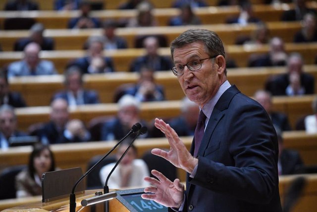 Archivo - El presidente del Partido Popular, Alberto Núñez Feijóo, interviene durante un pleno del Senado, a 25 de abril de 2023, en Madrid (España). Sánchez y Feijóo se enfrentan hoy a su cuarto cara a cara en el Pleno del Senado. El debate, a tan solo d