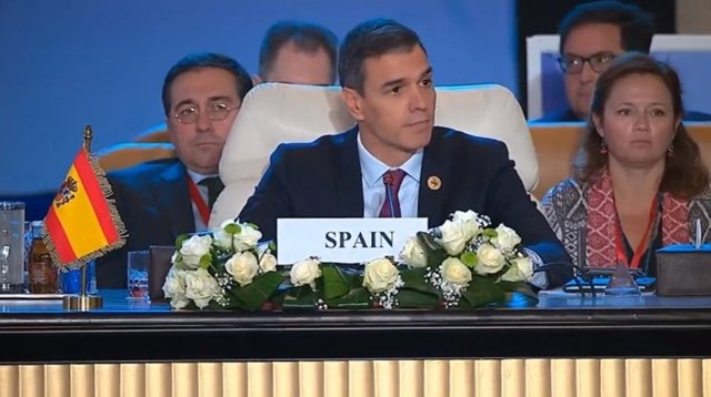 El president del Govern central en funcions, Pedro Sánchez, intervé en la cimera 'El Caire per la pau', a Egipte, a 21 d'octubre del 2023