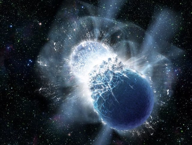 Impresión artística de una kilonova: dos estrellas de neutrones en el momento de su fusión