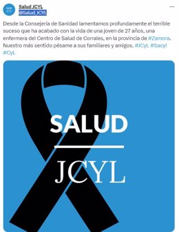 Mensaje en el que la Consejería de Sanidad muestra su pésame por la muerte de una joven enfermera en un ataque de perros en Roales (Zamora).