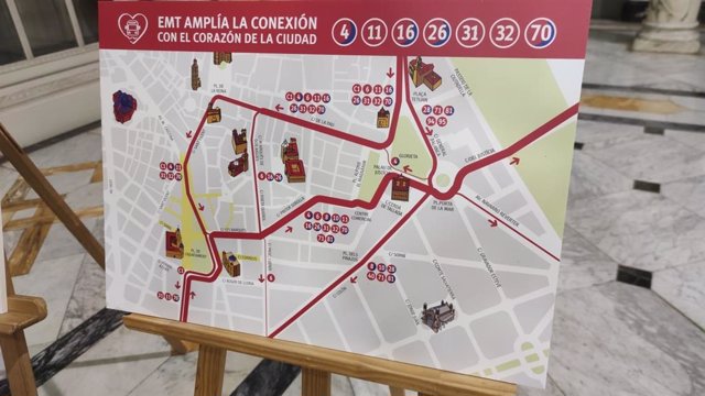 Mapa de la remodelación de las líneas de la EMT en el centro de la ciudad de València.