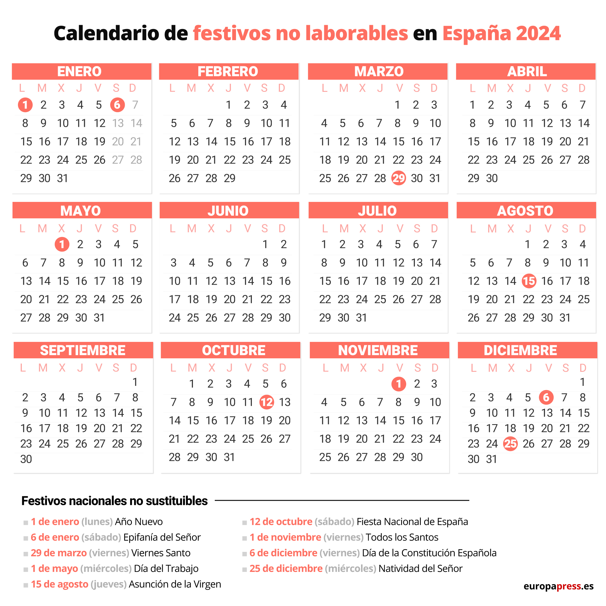 Calendario de festivos nacionales para 2024