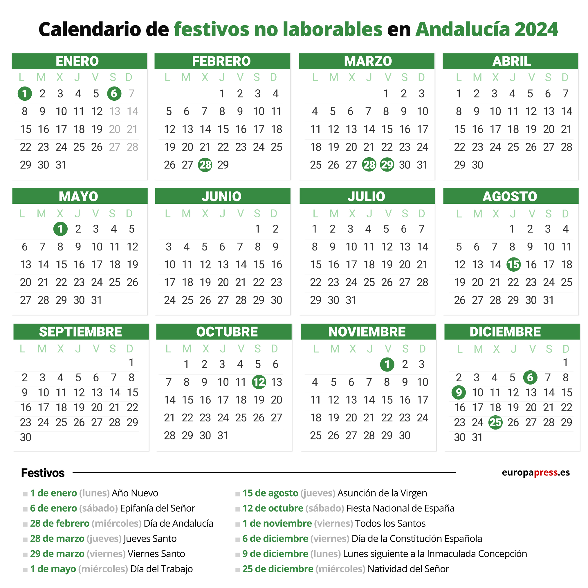 Calendario de festivos no laborables en Andalucía para 2024