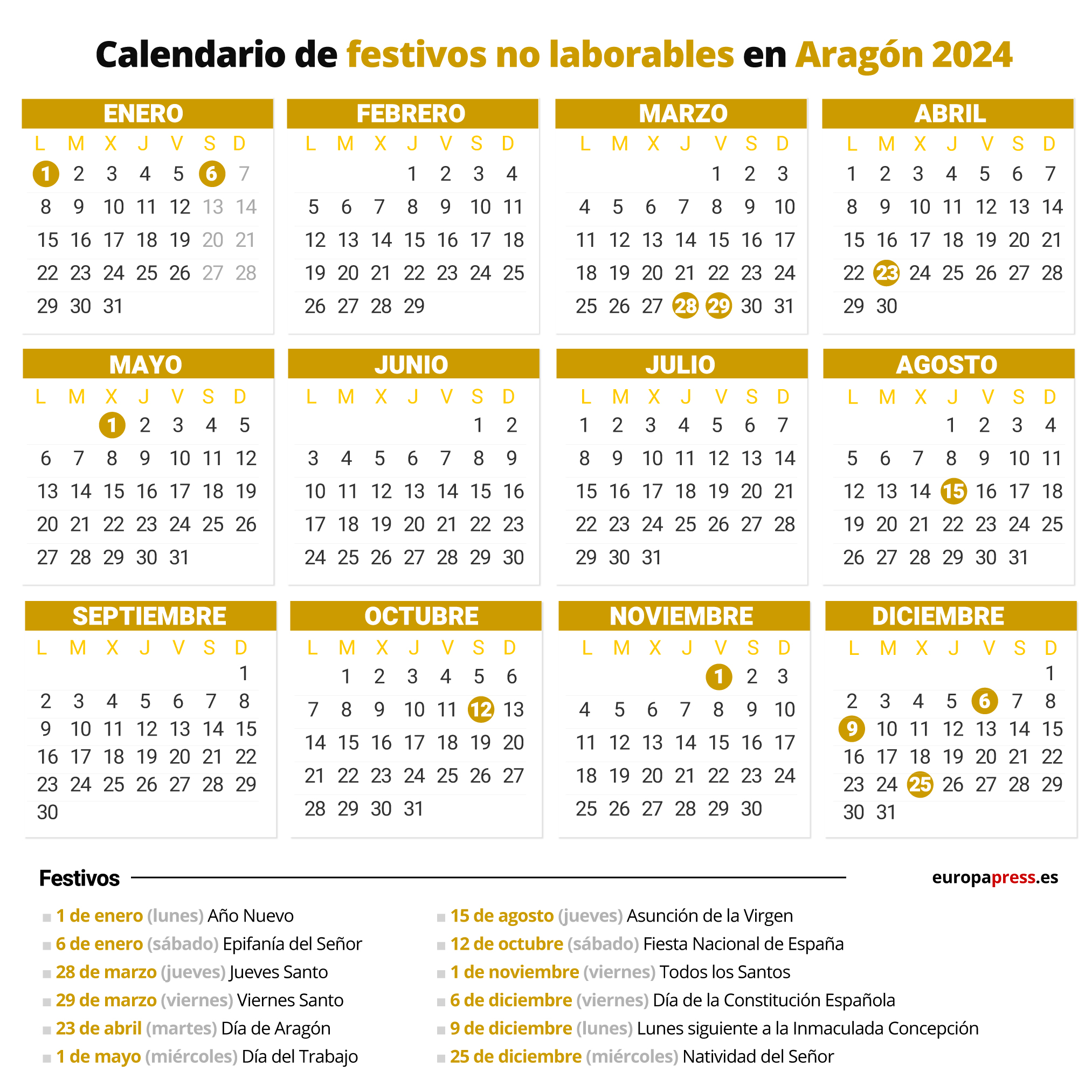 Calendario de festivos no laborables en Aragón para 2024