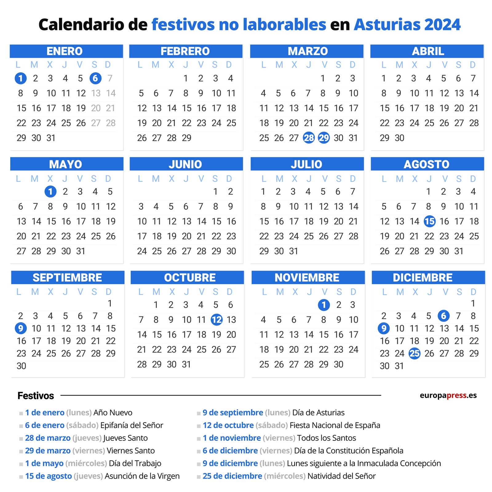 Calendario laboral para Asturias 2023