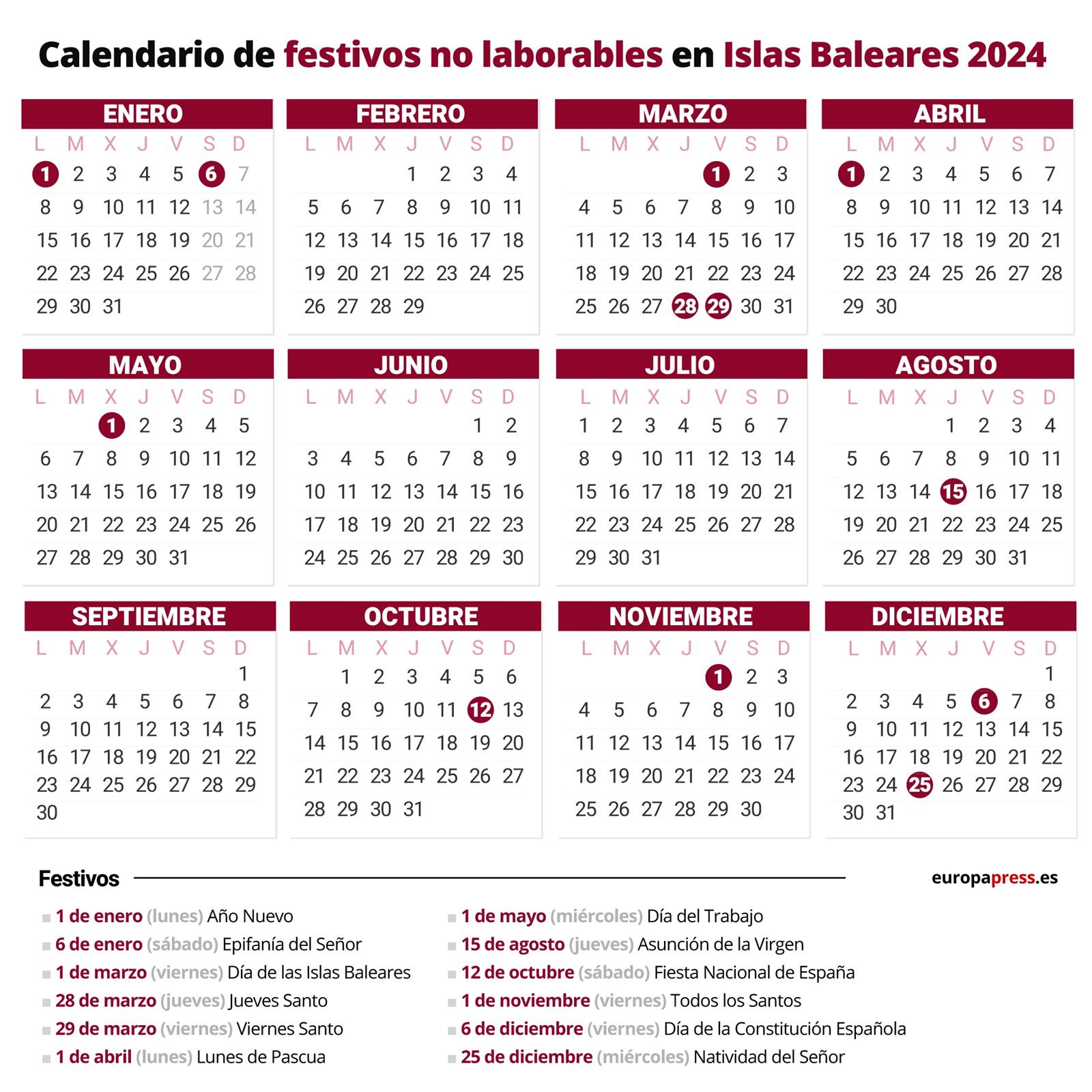 Calendario de festivos laborables en Islas Baleares 2024
