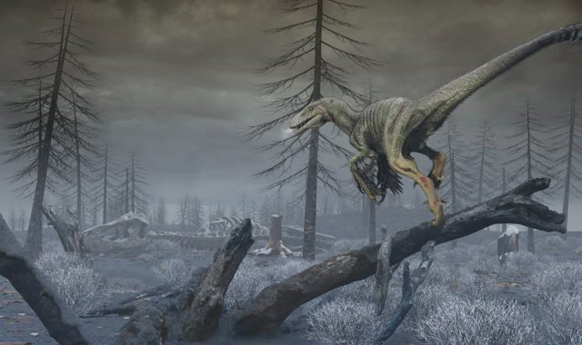 Reconstrucción paleoartística que representa a Dakota del Norte en los primeros meses posteriores al impacto de Chicxulub hace 66 millones de años,