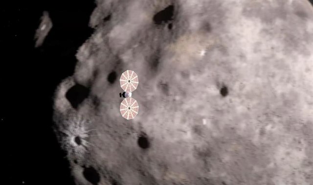 Ilustración de Lucy sobrevolando un asteroide en su misión