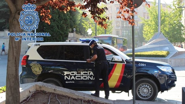 Agente de la Policía Nacional junto a un vehículo policial. Archivo.