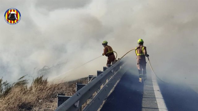 Bomberos trabajan para sofocar un incendio declarado junto a la A-38 a la altura de Sollana (Valencia)