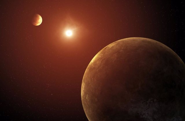 Concepto artístico que muestra dos de los siete planetas descubiertos orbitando una estrella similar al Sol. El sistema, llamado Kepler-385, fue identificado utilizando datos de la misión Kepler de la NASA.