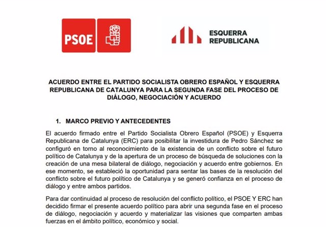 Acuerdo entre el PSOE y ERC para la investidura de Pedro Sánchez