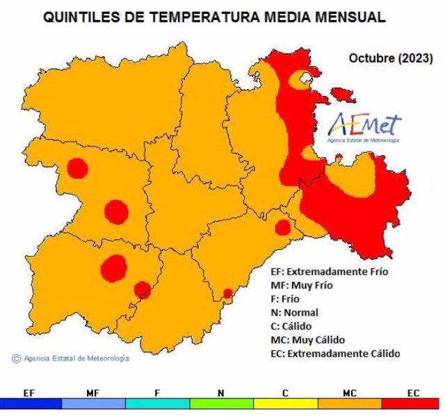 Mapa con las anomalías de temperaturas en Castilla y León en octubre de 2023.