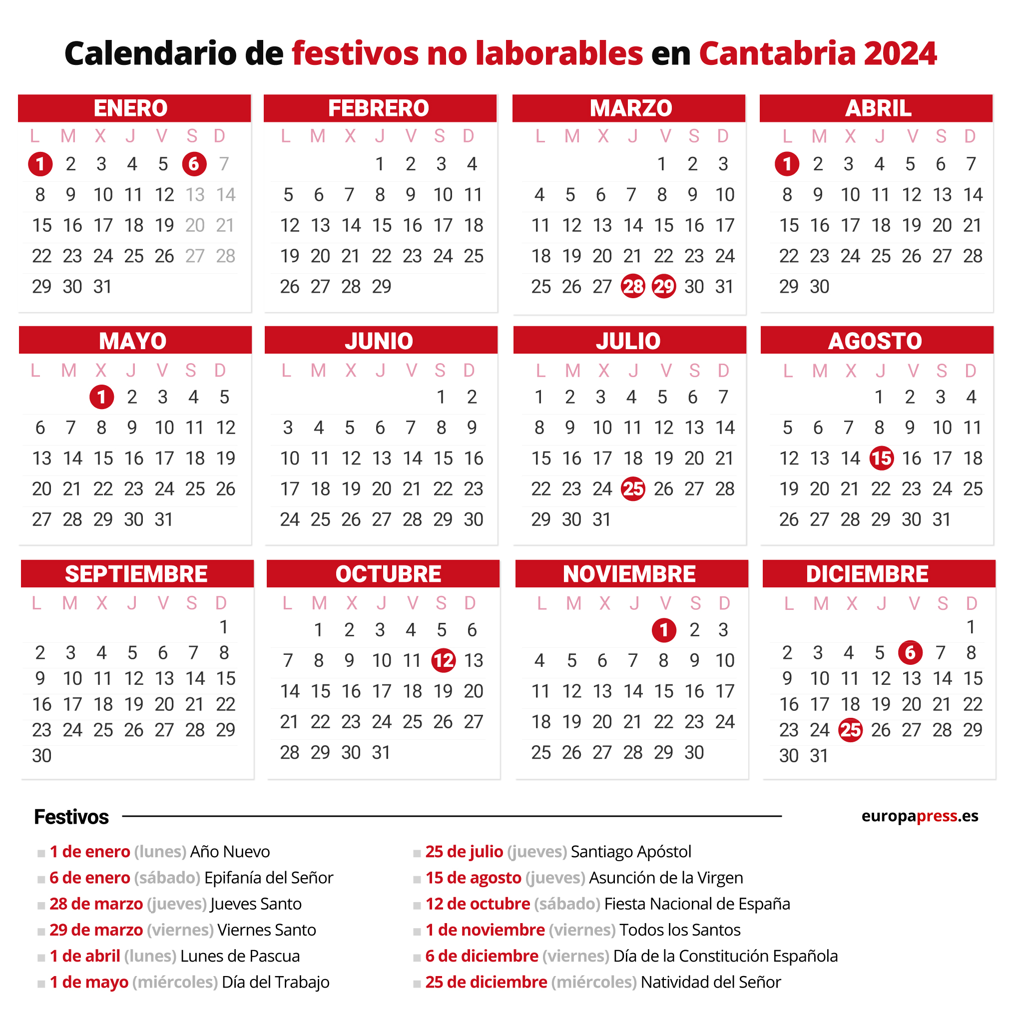 Calendario laboral 2024, días festivos y puentes en Cantabria