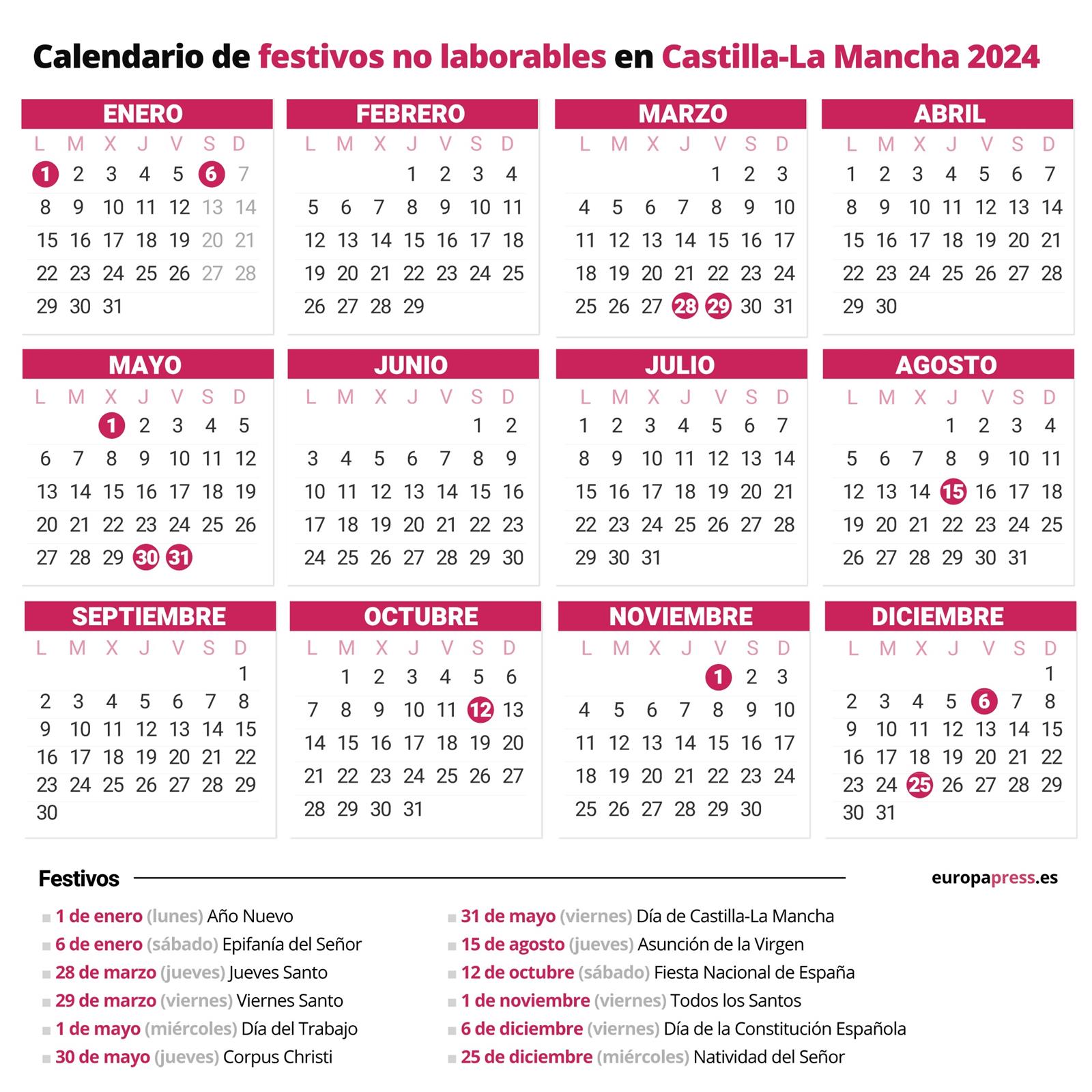 Calendario laboral 2024 para Castilla-La Mancha