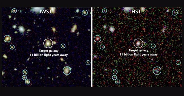 Galaxia objetivo vista por el Telescopio Espacial James Webb (izquierda) y el Telescopio Espacial Hubble (derecha). La resolución y claridad sin precedentes de las imágenes del JWST permitieron la identificación de galaxias vecinas (círculos cian) .