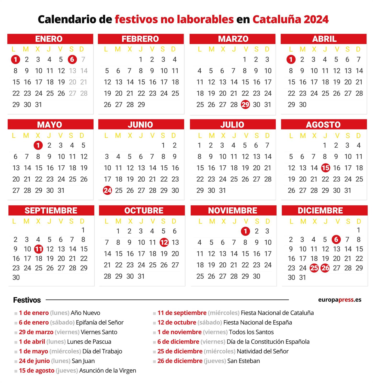 Calendario laboral para Cataluña 2024