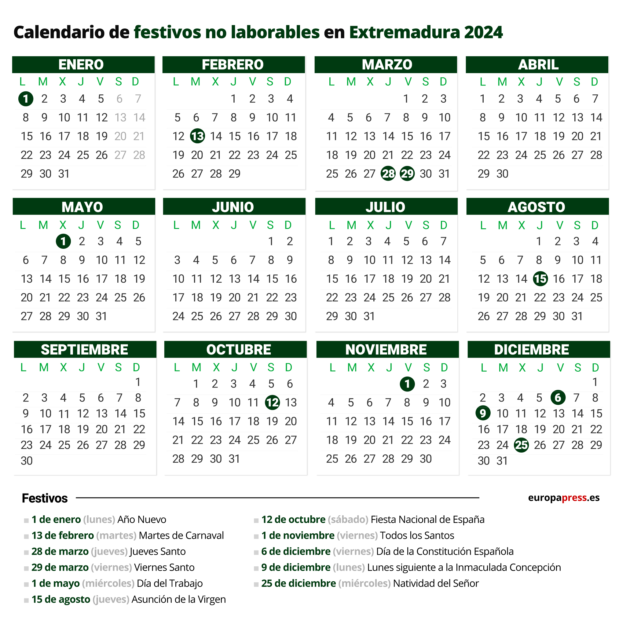 Calendario laboral en Extremadura 2024