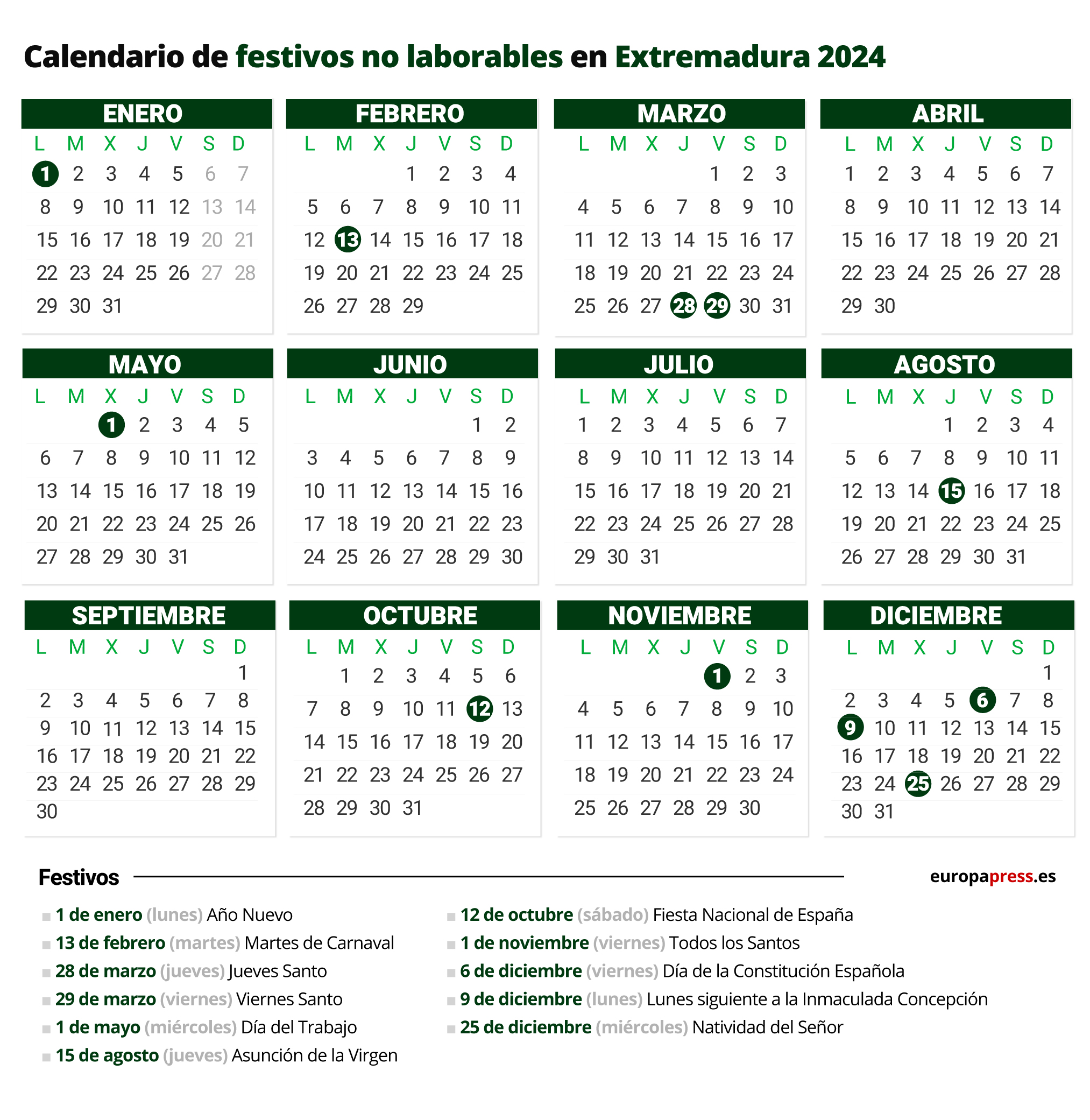 Calendario laboral 2024, días festivos y puentes en Extremadura