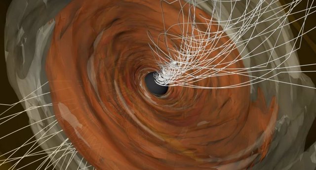 Una simulación por computadora de un disco de plasma alrededor del agujero negro supermasivo en el centro de la galaxia M87.