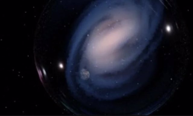Representación artística de la galaxia espiral barrada ceers-2112, observada en el universo temprano. La Tierra se refleja en una burbuja ilusoria que rodea la galaxia, recordando la conexión entre la Vía Láctea y ceers-2112.