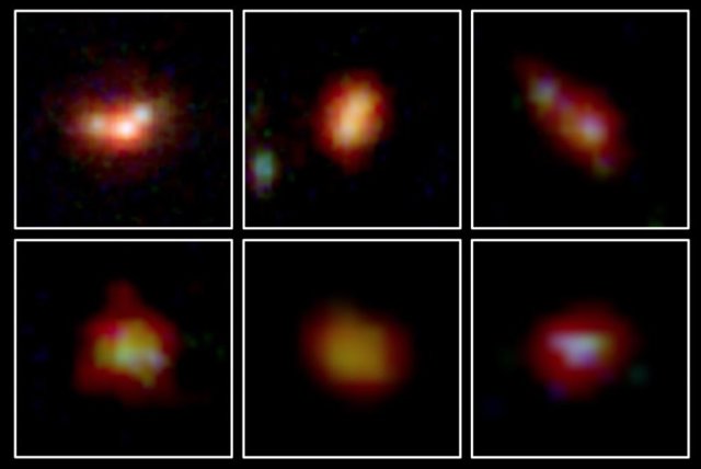 Imágenes infrarrojas JWST de 6 galaxias de 500 a 700 millones de años después del nacimiento del Universo. Las seis tienen poca abundancia de oxígeno en comparación con las galaxias modernas.