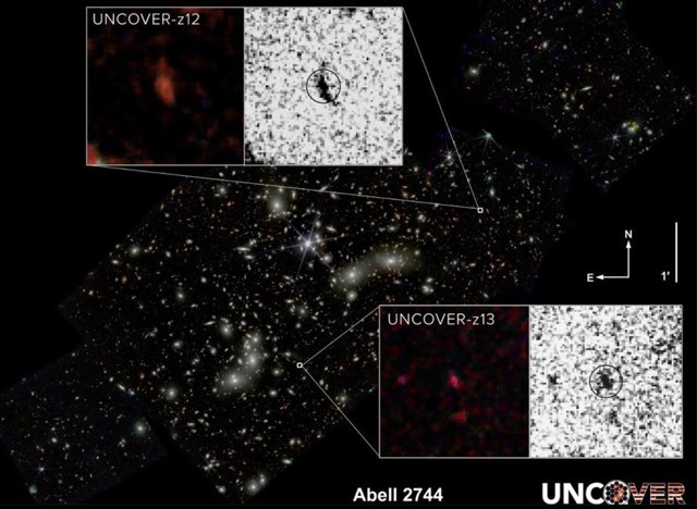 La segunda y cuarta galaxias más distantes jamás vistas (UNCOVER z-13 y UNCOVER z-12) han sido confirmadas utilizando la cámara de infrarrojo cercano (NIRCam) del Telescopio Espacial James Webb.