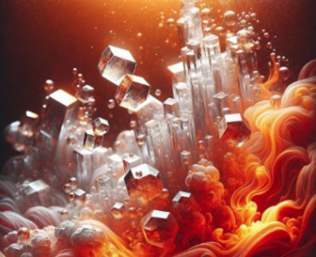 Ilustración de cristales de sílice que salen del metal líquido del núcleo externo de la Tierra debido a una reacción química inducida por el agua.