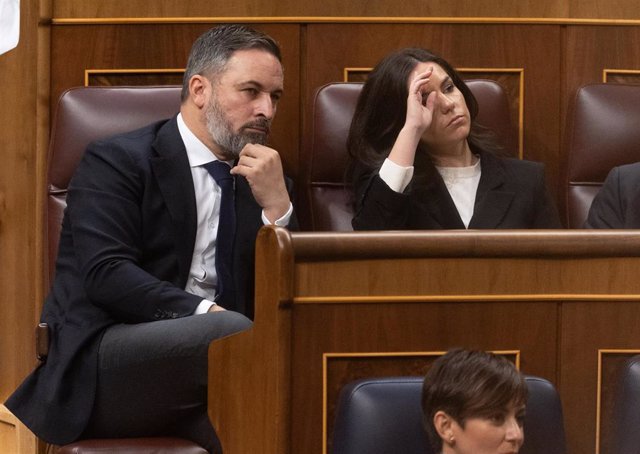 El líder de Vox, Santiago Abascal, y la portavoz de VOX en el Congreso, Pepa Millán, durante la primera sesión del debate de investidura de Pedro Sánchez como presidente de Gobierno, en el Congreso de los Diputados, a 15 de noviembre de 2023, en Madrid (E