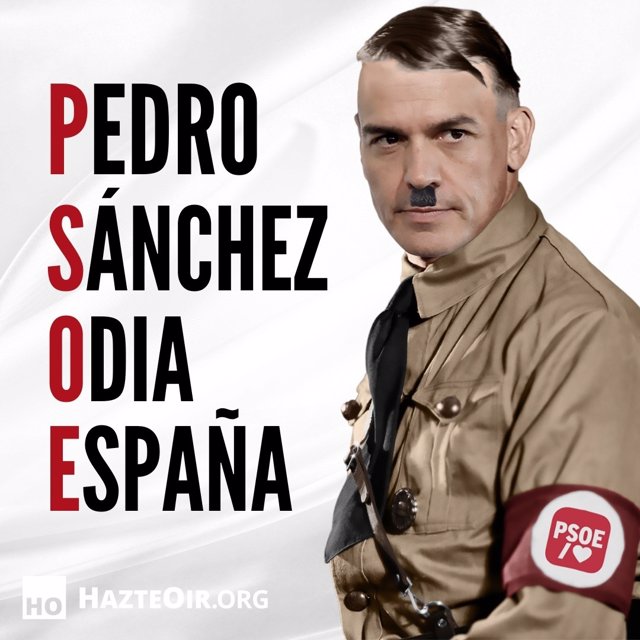 El PSOE reclama a Almeida que ordene retirar el autobús de Hazte Oir que caracteriza a Sánchez como Hitler