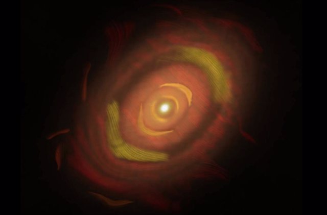 Anillos de polvo que rodean a HL Tauri, con patrones de líneas que muestran la orientación de la luz polarizada.