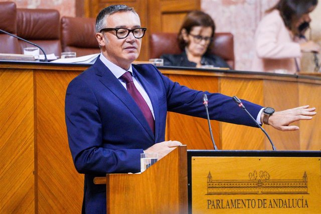 El portavoz del Grupo Vox, Manuel Gavira, este jueves en el Pleno del Parlamento durante el debate de la totalidad del proyecto de Ley de Presupuestos para 2024.